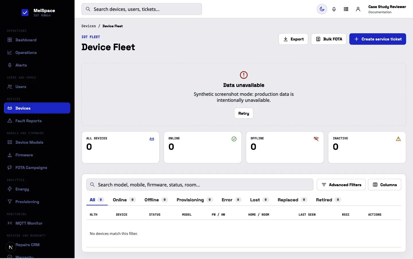MeiSpace device fleet administration interface with synthetic empty data