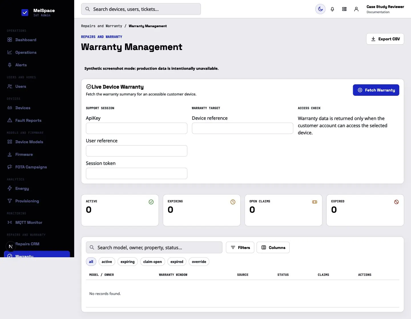 MeiSpace warranty operations interface shown with synthetic empty data