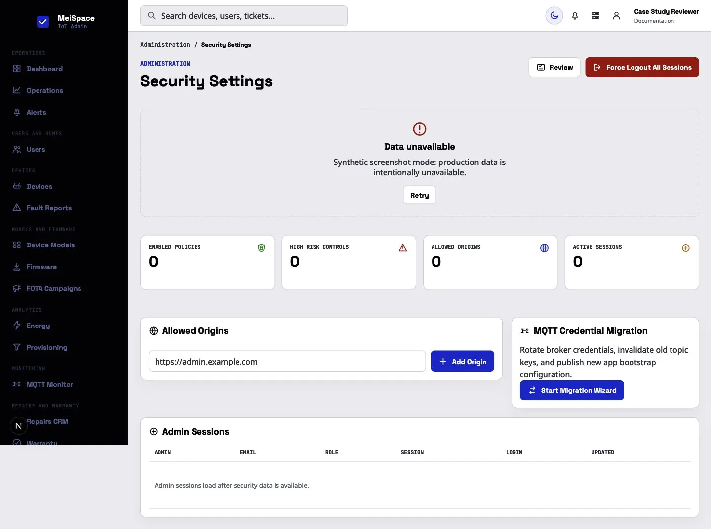 MeiSpace security settings interface shown with synthetic empty data