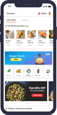 Oya restaurant-discovery and food categories screen