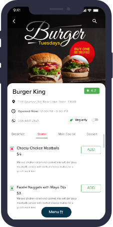 Oya restaurant menu and food-selection screen