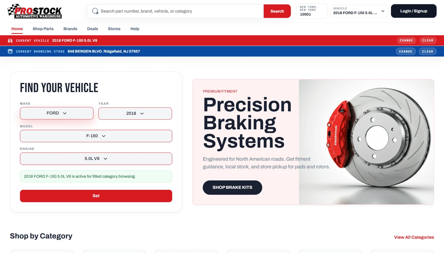 ProStock automotive storefront showing vehicle selection and store context