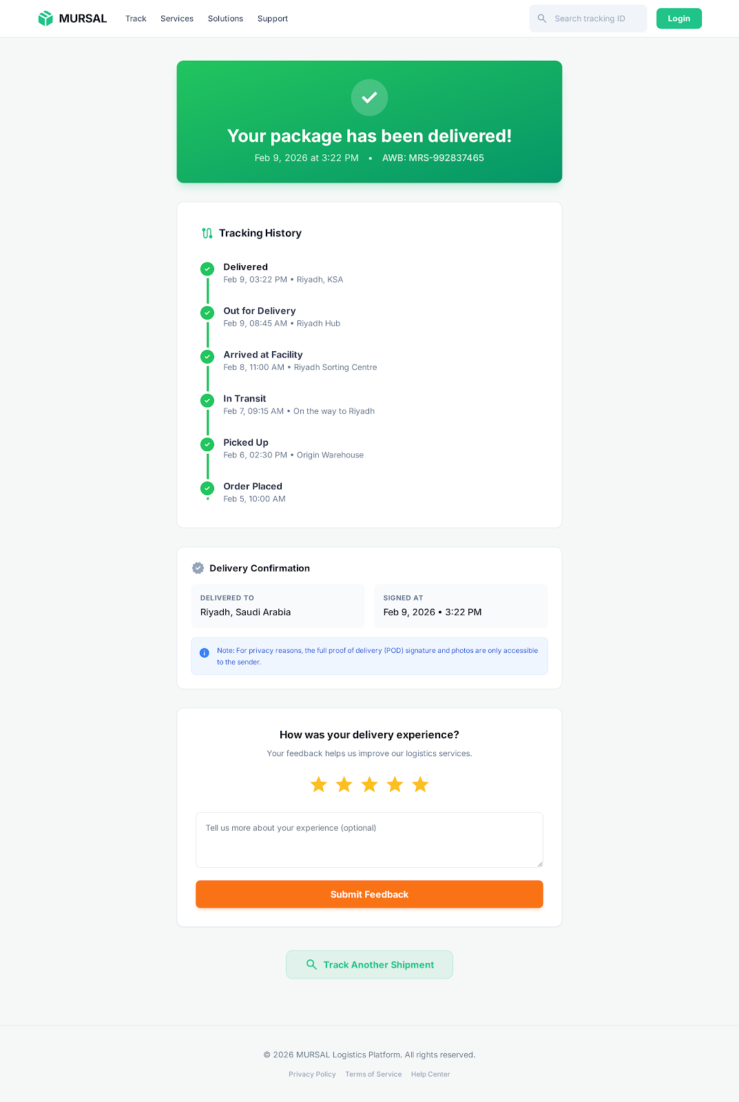 Twseel Public Shipment Tracking Delivered State